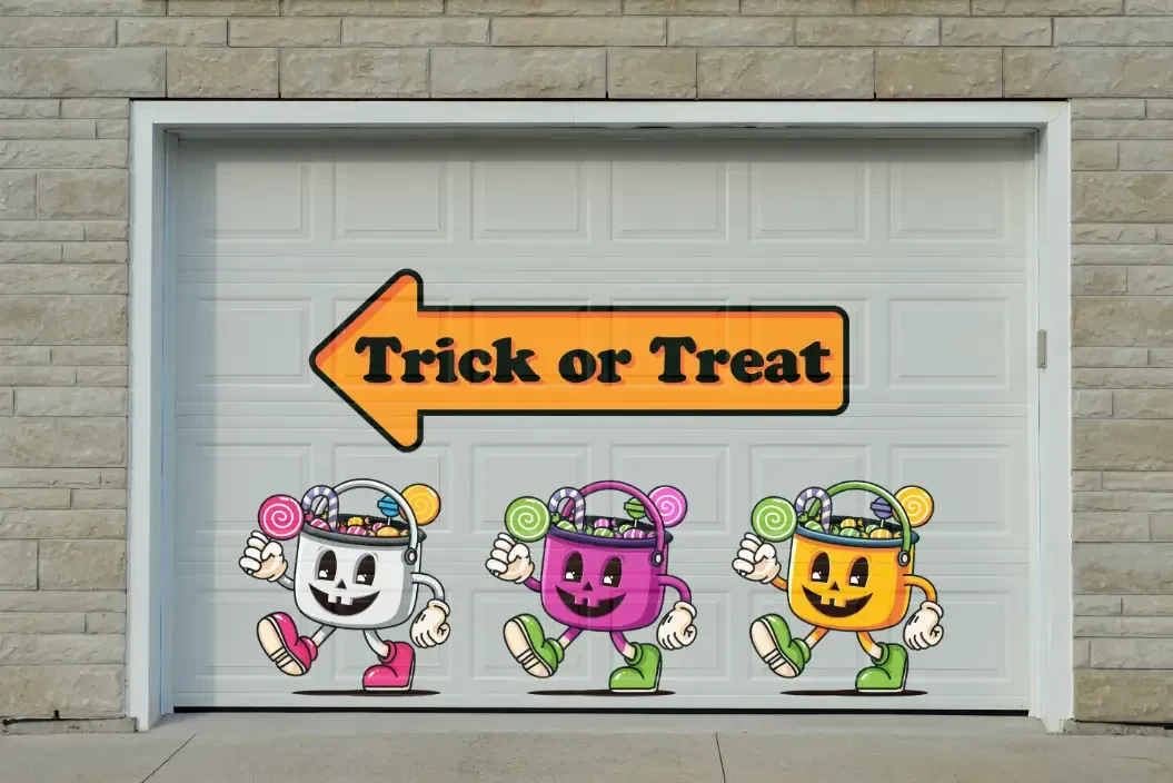 Trick or treat stickers on a garage door