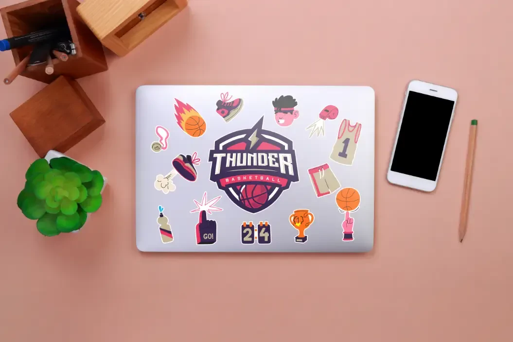 Printed stickers stuck on a laptop