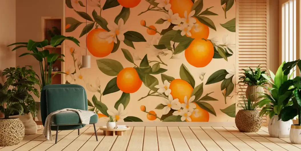 A wall graphic of oragnes on the wall of a home