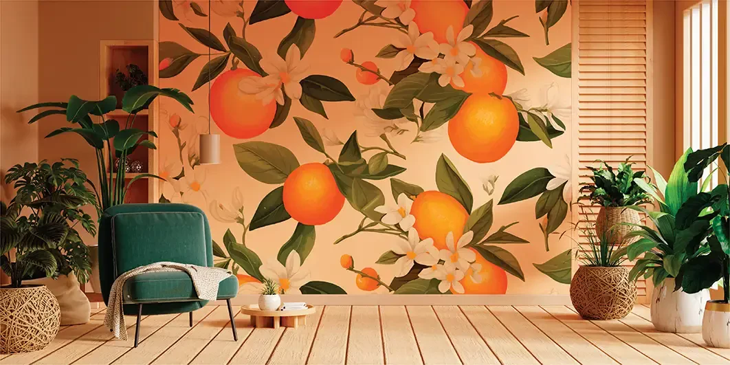 A wall graphic of oranges