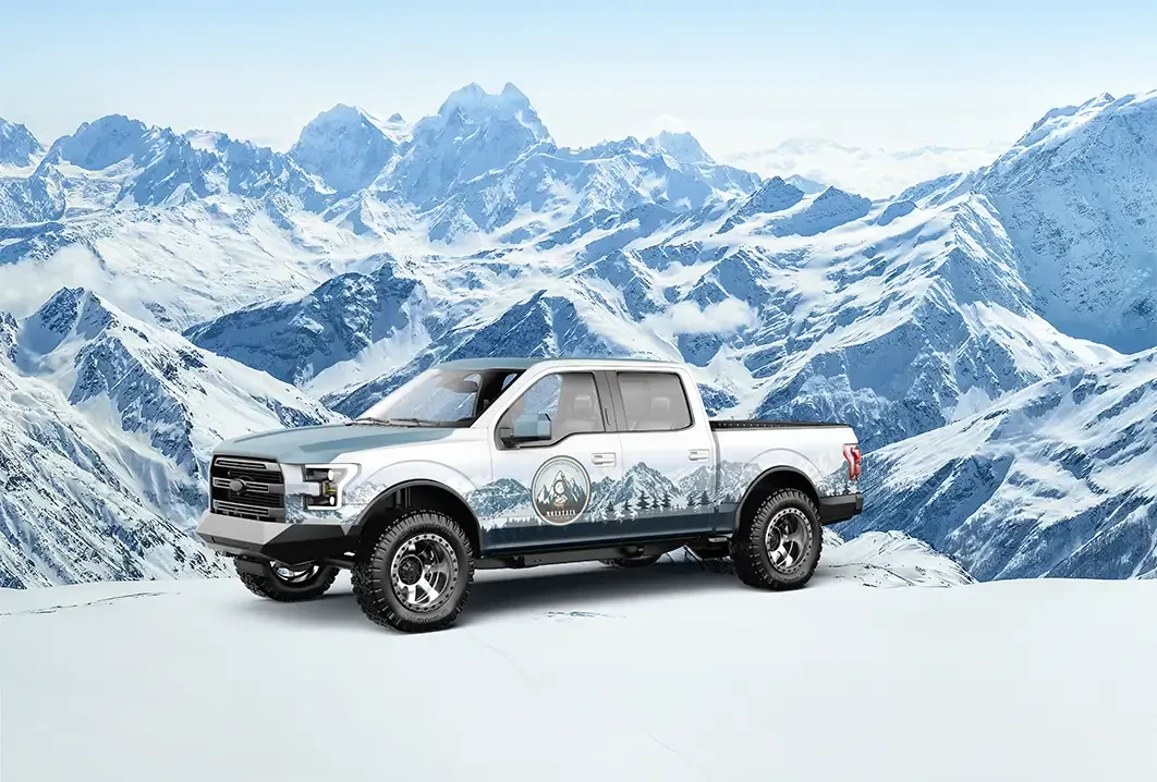 Truck with printed graphics along the side