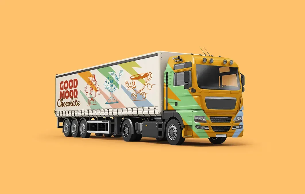 A graphic mural on the trailer of a truck