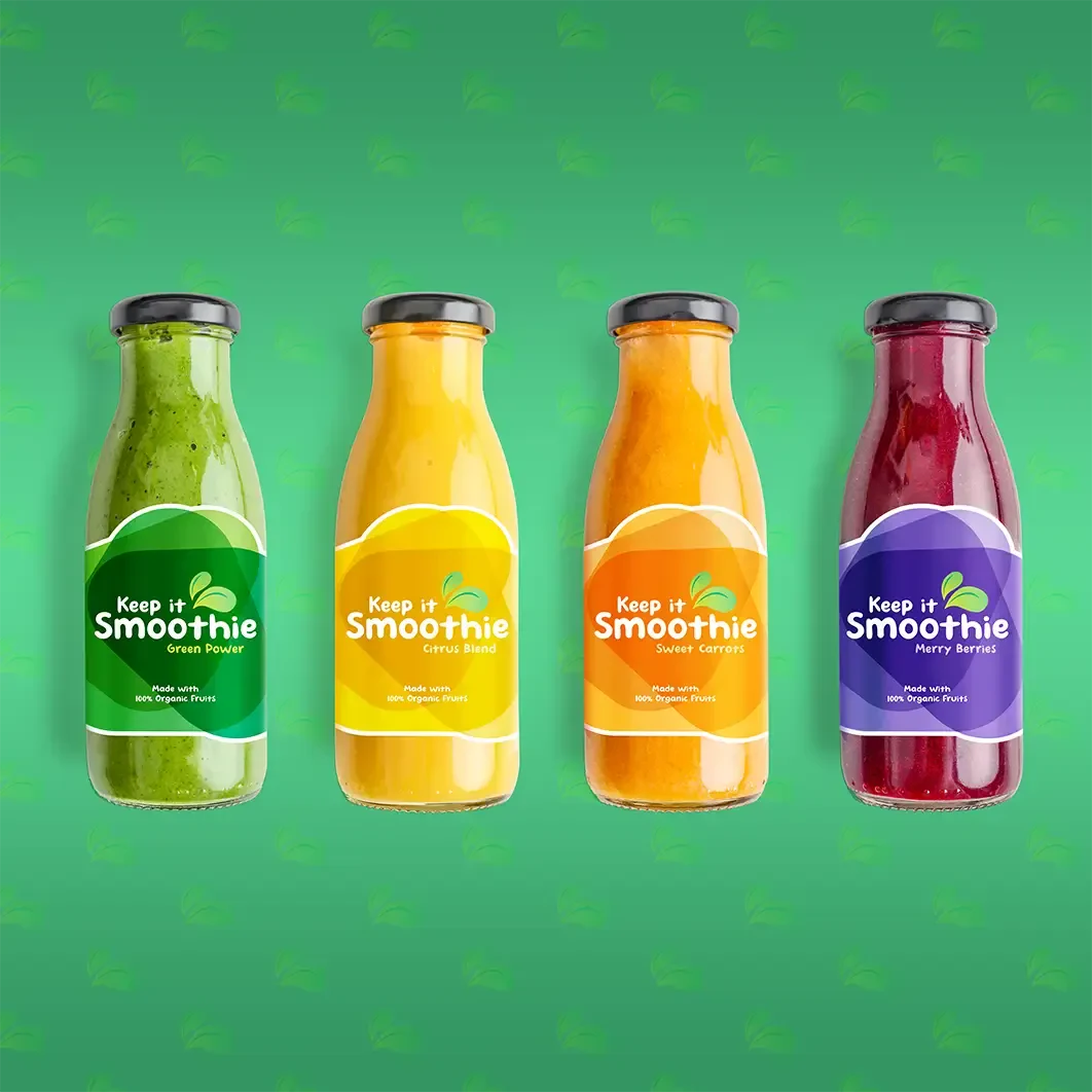 Colorful labels on glass smoothie bottles
