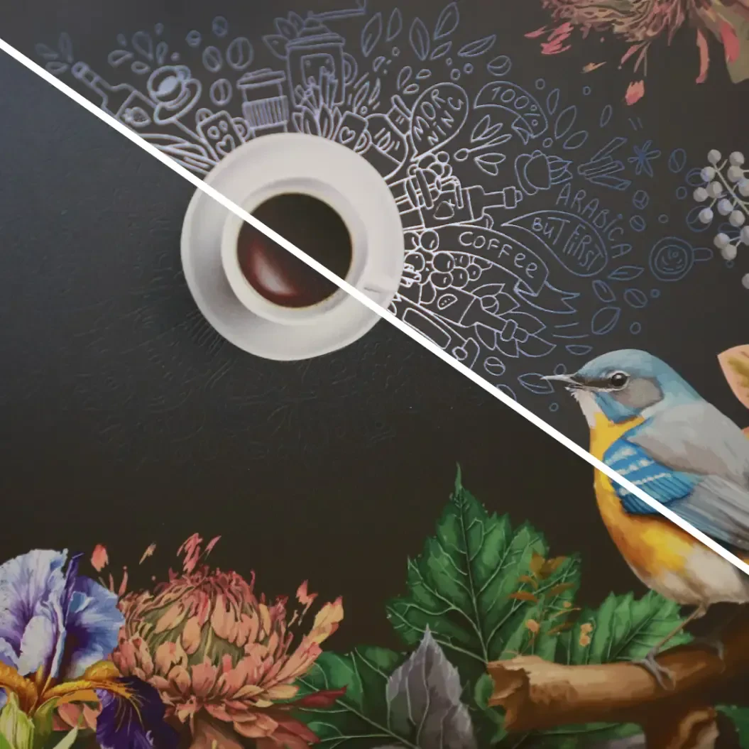 Printed graphic of birds and coffee