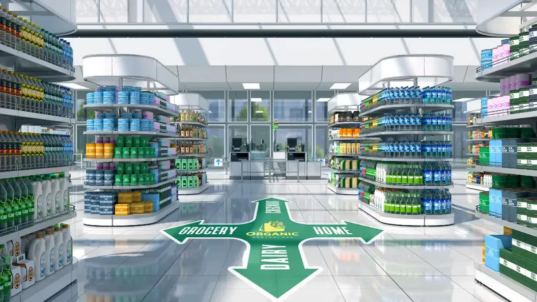A floor graphic in a super market