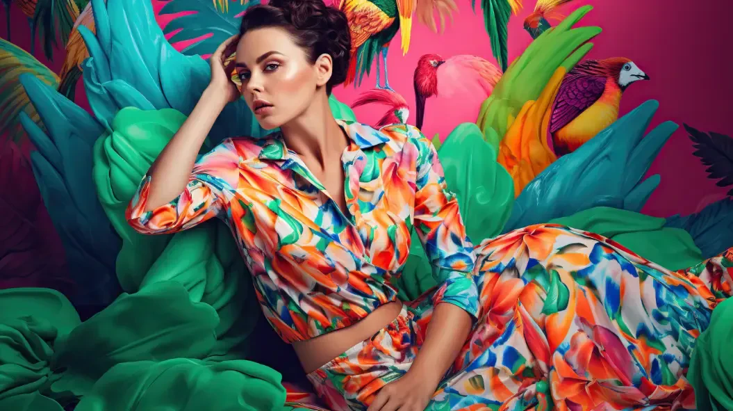 Woman lounging in a vibrantly colored printed outfit
