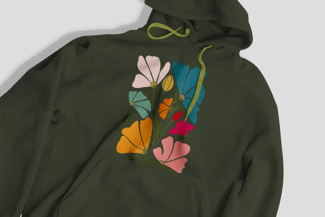 A green hoodie printed with a floral design