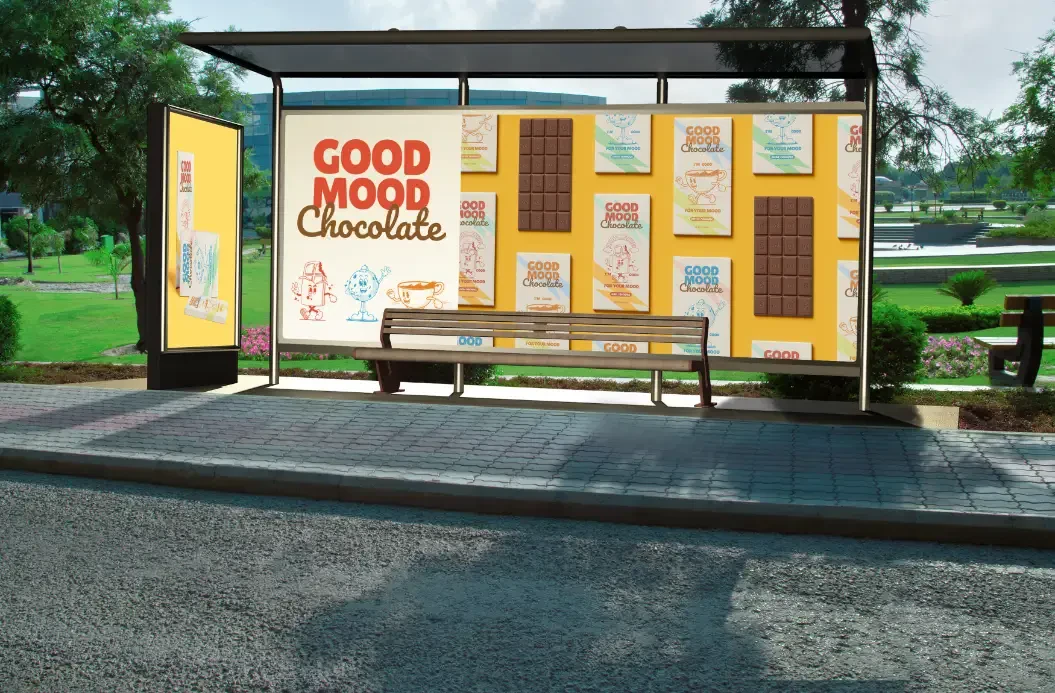 Printed graphics wrapping a bus stop