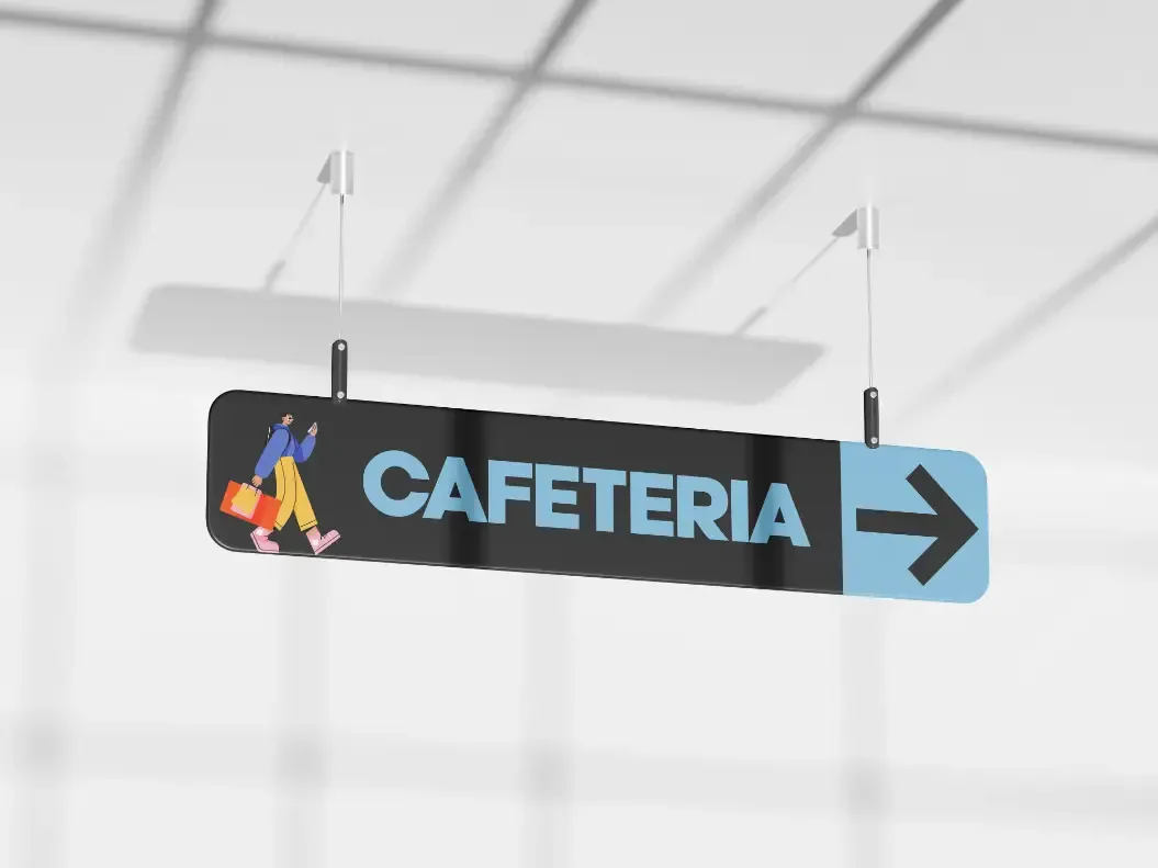 Printed cafeteria sign hanging from the ceiling