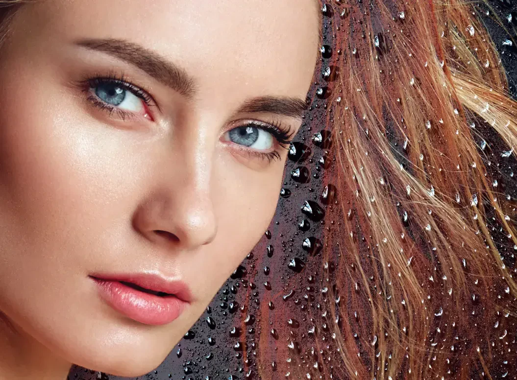 Image of woman's face with water droplets on it