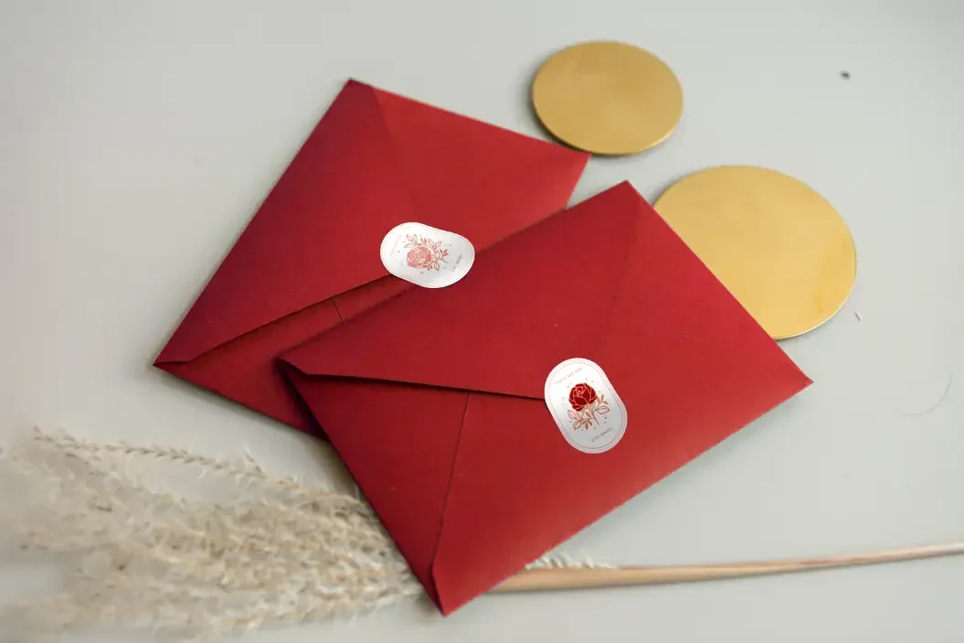 Printed sticker seals on red envelopes
