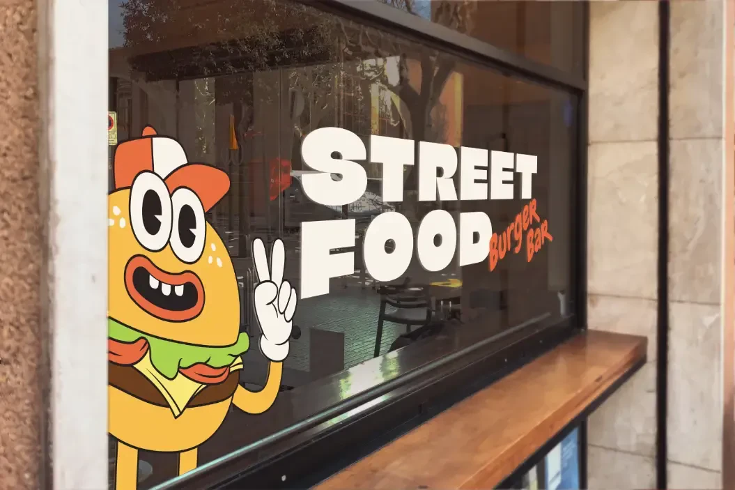 A window graphic on a burger bar