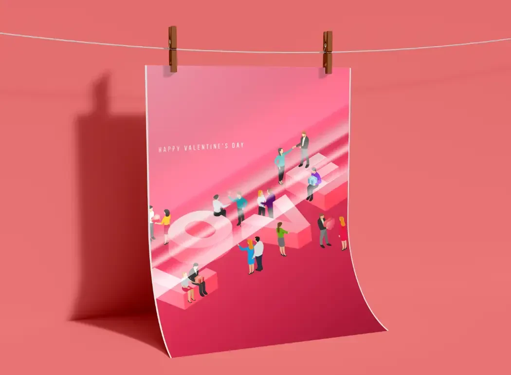 A valentines graphic hanging on a string