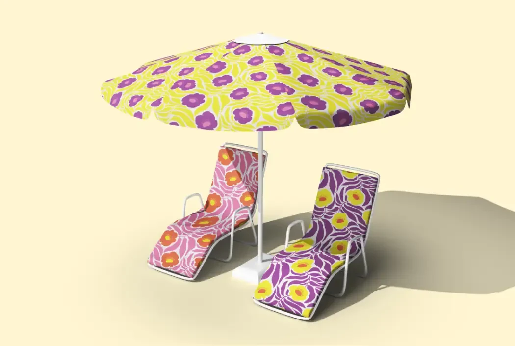 Printed beach chairs and umbrellas