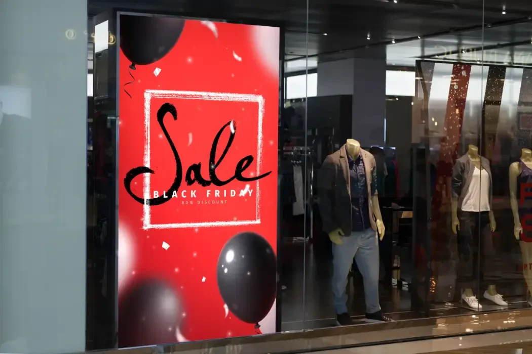 Printed sign in a store window
