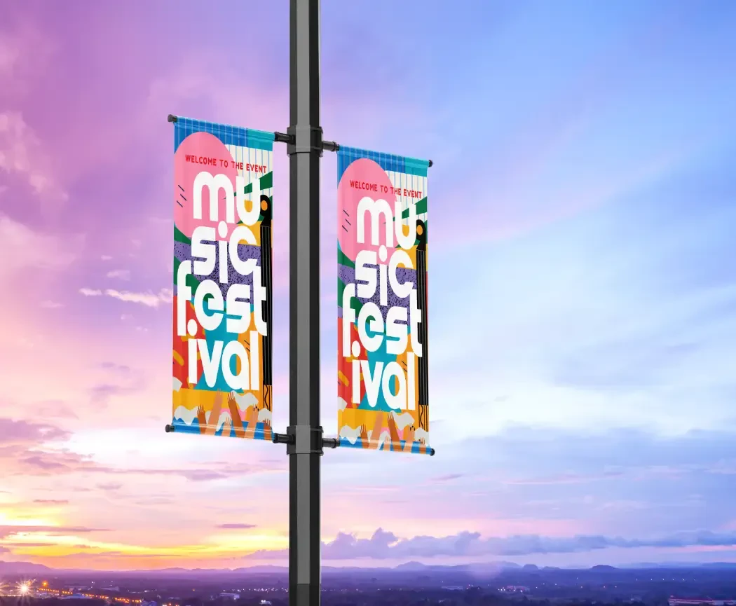 Printed cloth advertising hanging on a pole