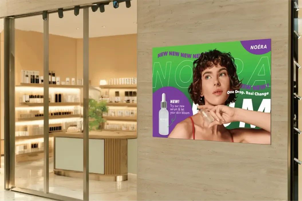 A graphic advertisement on the wall of a retail store