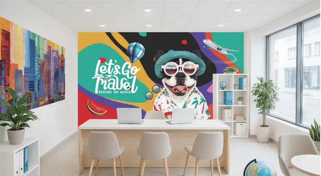 A wall graphic advertisement of a dog saying, "Let's go travel"