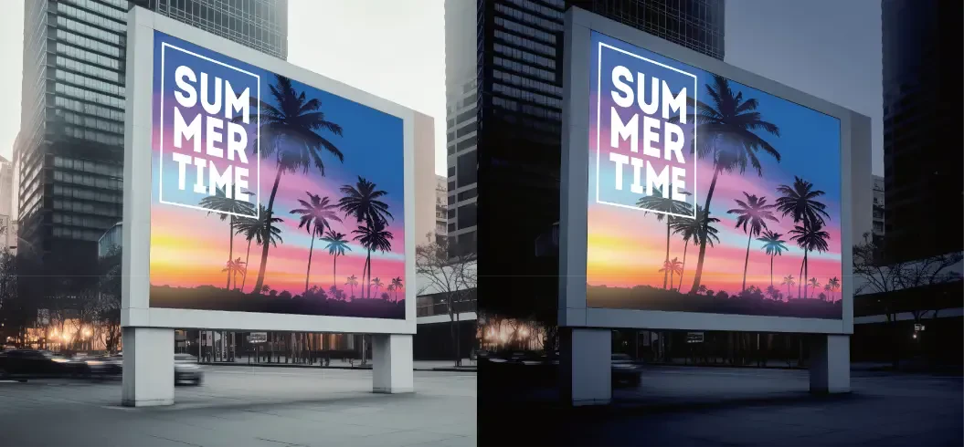 A graphic on billboad shown during the day and lit up at night