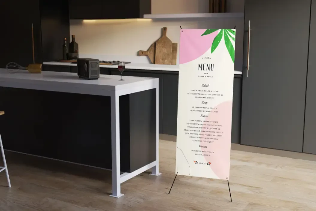 A printed menu on a stand in a restaurant