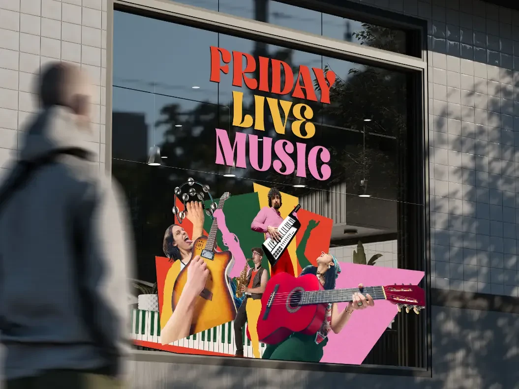 A window graphic advertising live music