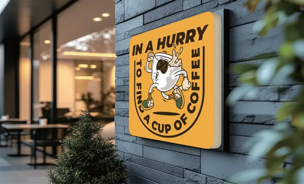 Printed sign handing on the exterior of a coffee shop