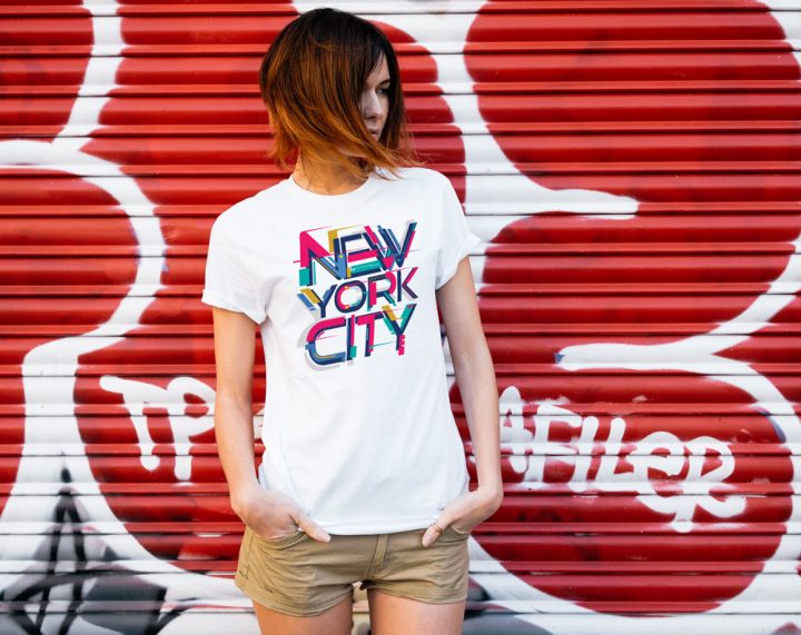 girl wearing t-shirt with custom new york city design