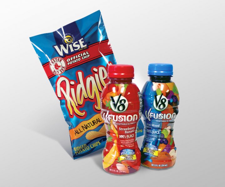 printed shrink wrap on potato chip and juice products