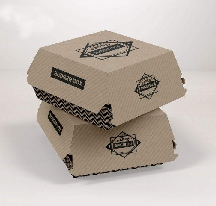 cardboard burger food packaging with printed logos