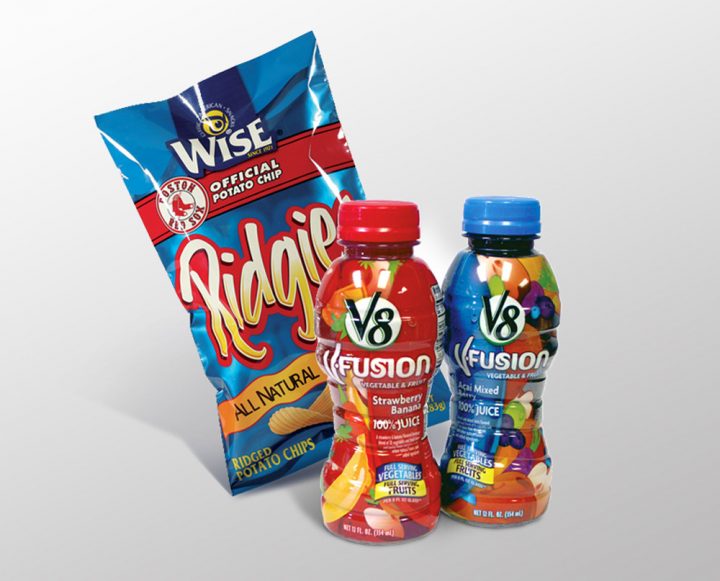 printed shrink wrap on potato chip and juice products
