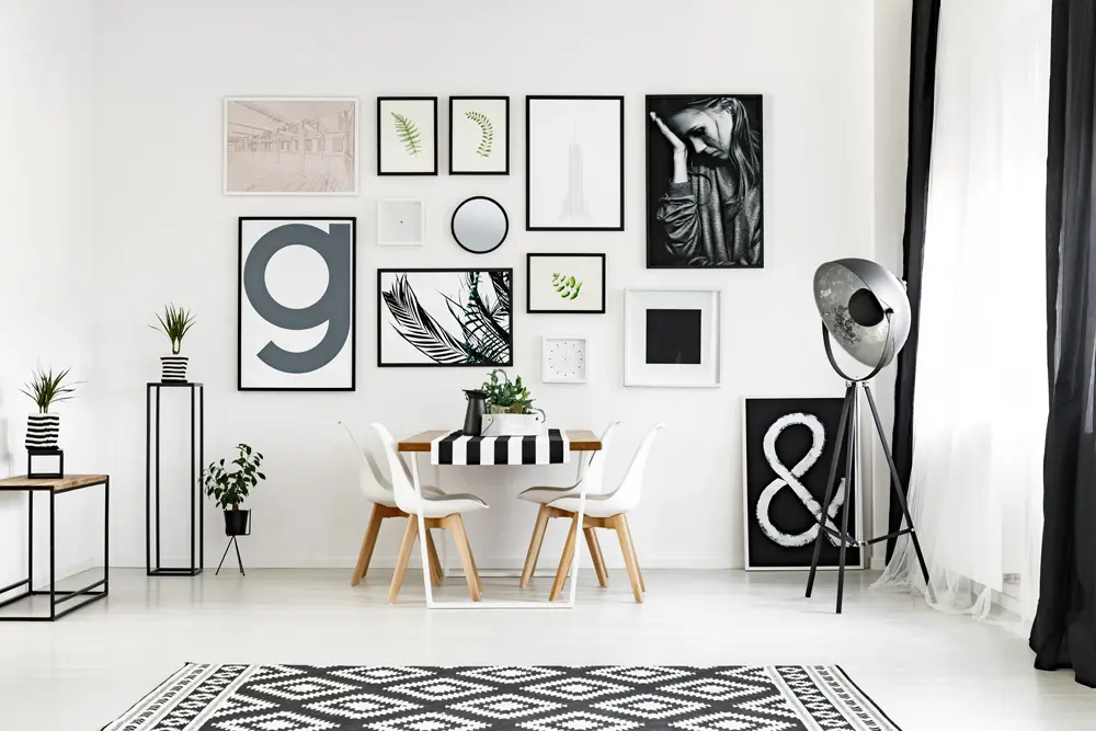 Big black and white carpet with geometric pattern in stylish living room